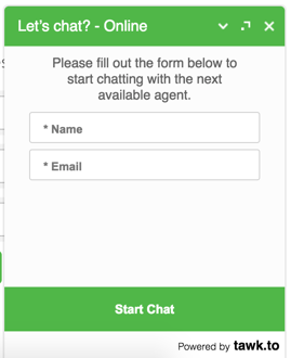 Screenshot of the Tawk to chat popup