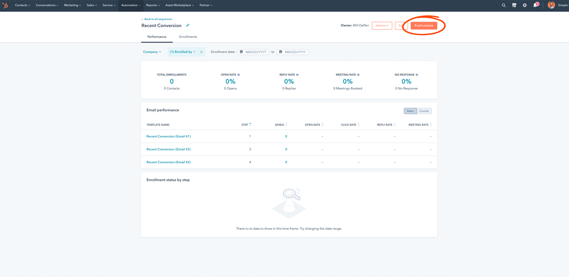 Screenshot of the HubSpot interface for enrolling contacts into a sequence.