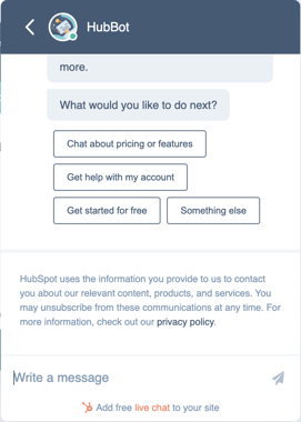 Screenshot of the HubSpot free live chat box feature