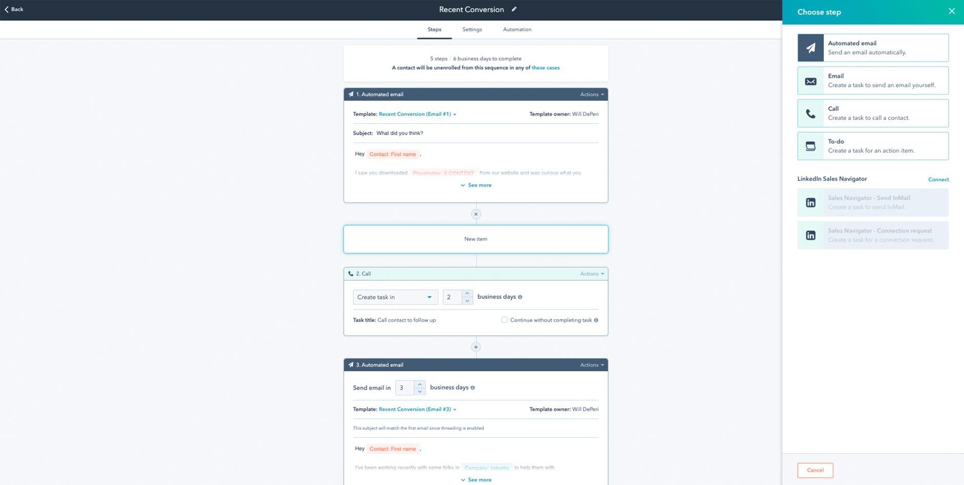 Screenshot of the HubSpot interface for adding actions to a sequence.