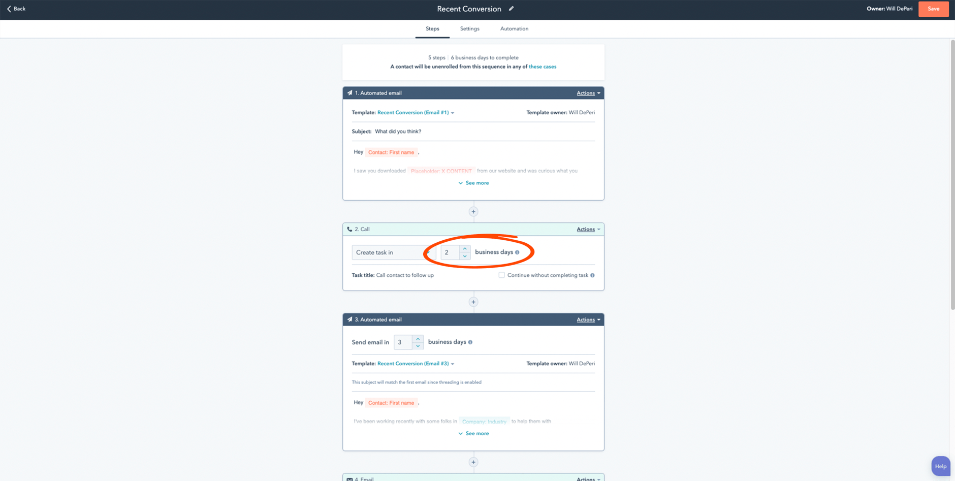 Screenshot of the HubSpot interface for editing a sequence.