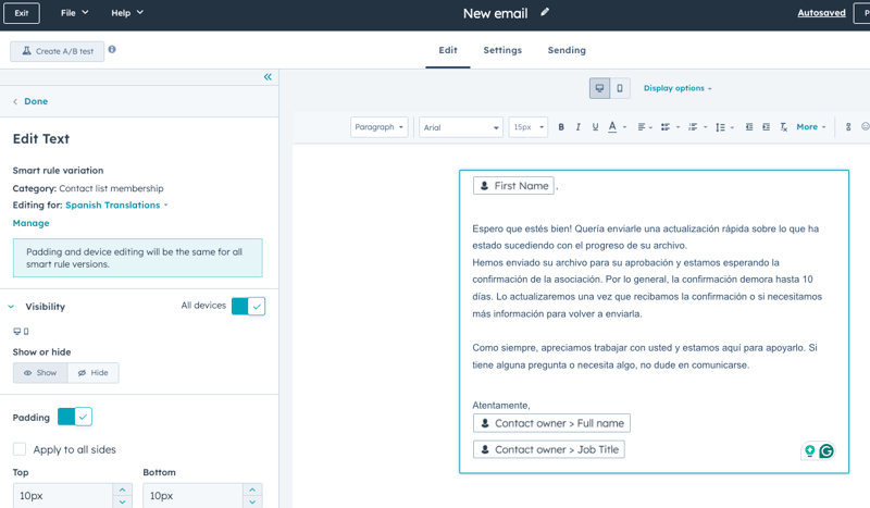 Spanish translation- smart content in email