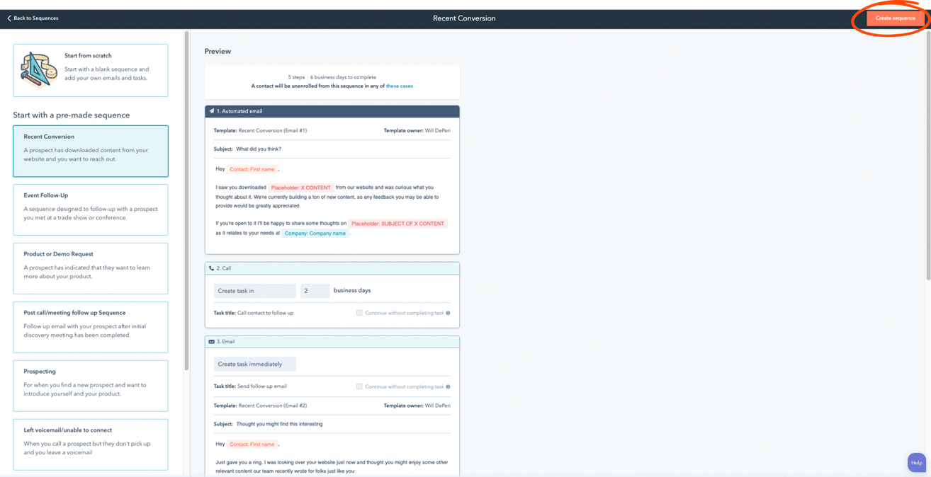 Screenshot of the HubSpot interface for creating a sequence.